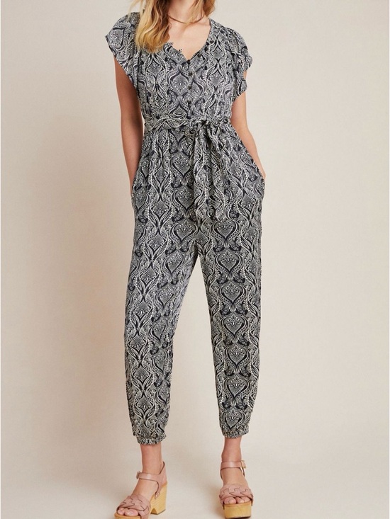 Anthropologie Pants - Anthropologie Black & White Paisley-Print V-Neck Tie-Waist Jumpsuit